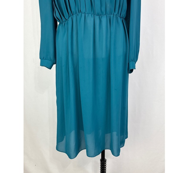 Vintage C&R Teal Blue Pleated Bodice Secretary Dress 80s Long Sleeve, 40 bust, L - Picture 3 of 13